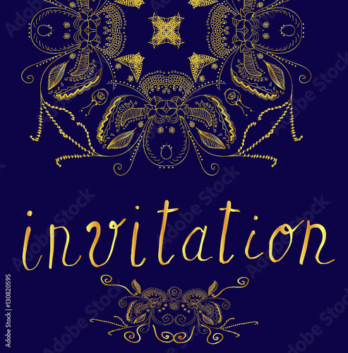 Vector card with golden elements and hand drawn word invitation. Holiday greeting card.
