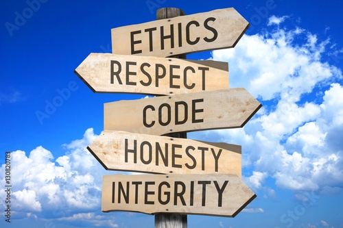 Obraz na plátně Wooden signpost - code of conduct (ethics, respect, code, honesty, integrity)