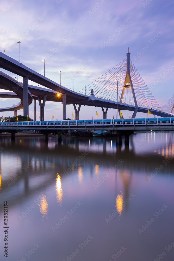 Rama9 Suspension bridge reflection lights at twilight, Thailand