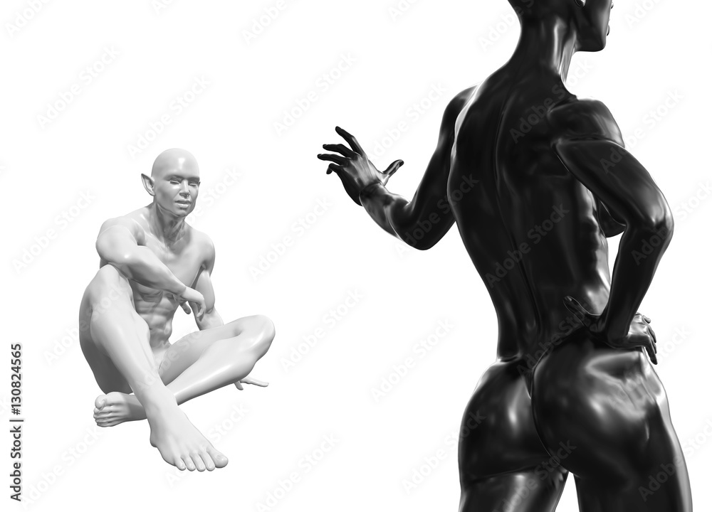 Black back Female woman torso on foreground and the white elven fantasy man on background. 3d rendered medical conceptual illustration Black back Female woman torso on foreground and the white elven fantasy man on background. 3d rendered medical conceptual illustration