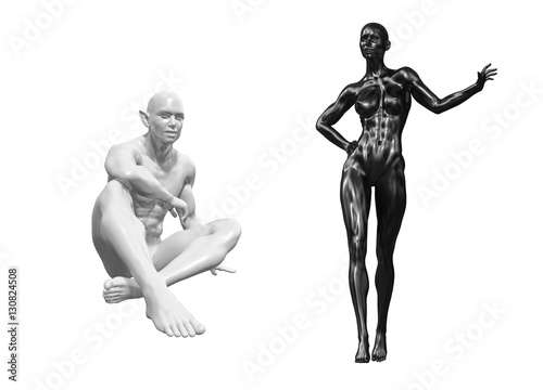 Black back Female woman torso on foreground and the white elven fantasy man on background. 3d rendered medical conceptual illustration