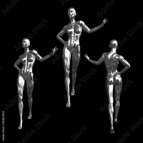 three tall healthy fit sports girls on black background. 3d rendered medical concept illustration. Obesity problems © skrotov