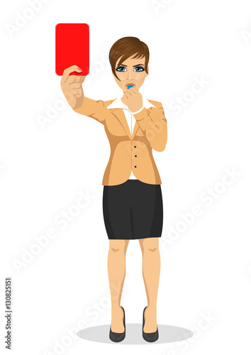 young businesswoman referee showing red card warning blowing the whistle