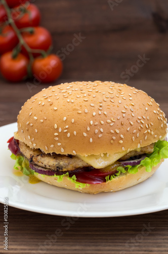 Burger of homemade close up on wooden background. Top view. -