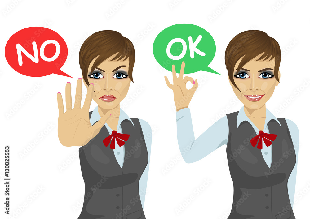 working woman posing with speech buble says ok and no working woman posing with speech buble says ok and no