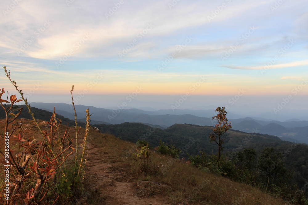 Landscape blue sky on mountain in sunrise, Doimonjong Thailand