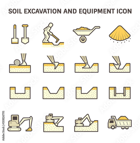 Soil excavation and equipment vector icon. Excavator or backhoe to excavate for hole in construction site. Worker or digger to diging by hoe tool. Transport by wheelbarrow, dump or tipper truck.