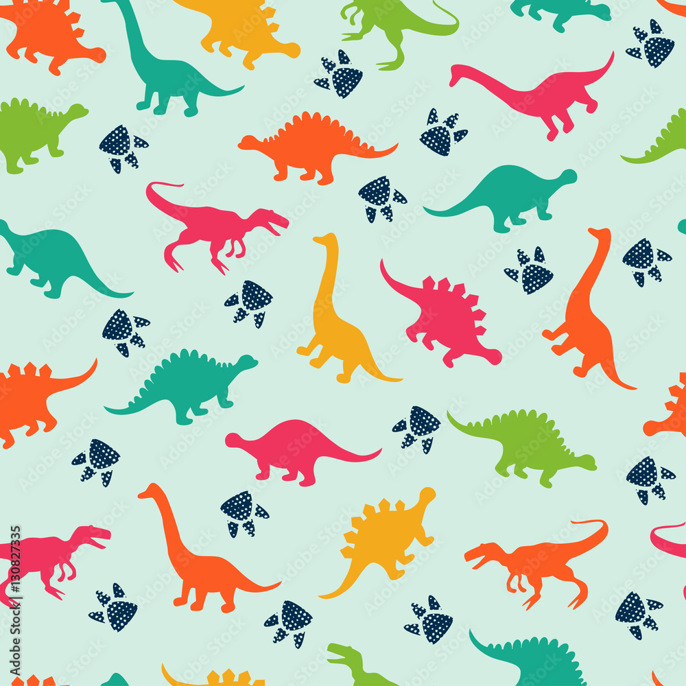 Obraz Cute kids pattern for girls and boys. Colorful dinosaurs on the abstract grunge background create a fun cartoon drawing. The background is made in neon colors. Urban backdrop for textile and fabric. #130827335