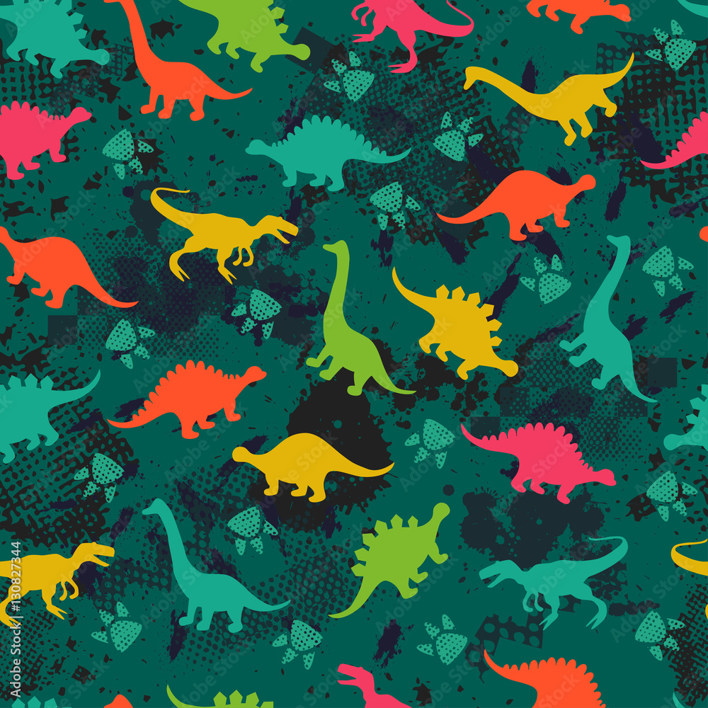 Cute kids pattern for girls and boys. Colorful dinosaurs on the abstract grunge background create a fun cartoon drawing. The background is made in neon colors. Urban backdrop for textile and fabric.