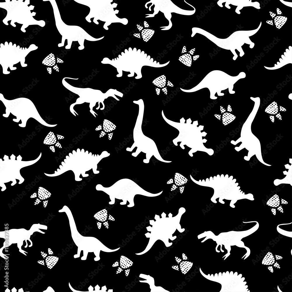Cute kids pattern for girls and boys. Colorful dinosaurs on the abstract grunge background create a fun cartoon drawing. The background is executed in monochrome colors. For textile and fabric
