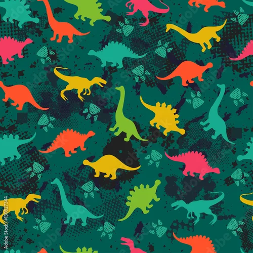 Obraz Śliczne dziecięce wzory dla dziewczynek i chłopców. Kolorowe dinozaury na abstrakcyjnym tle grunge tworzą zabawny rysunek kreskówki. Tło jest wykonane w neonowych kolorach. Tło miejskie dla tekstyliów i tkanin.