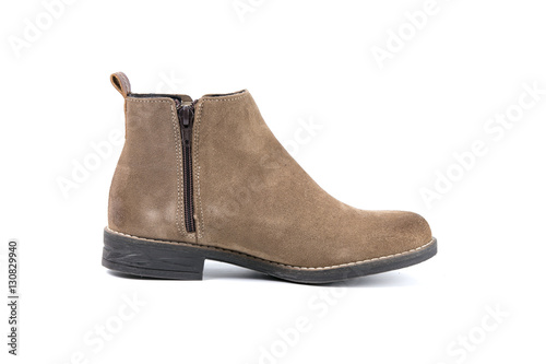 male boots brown leather on white background, Isolated product, Top View