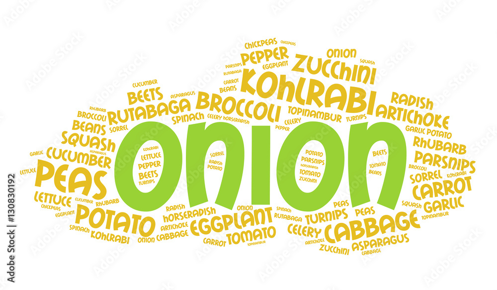 Fototapeta premium Onion. Word cloud, healthy eating, italic font, white background. Food concept.