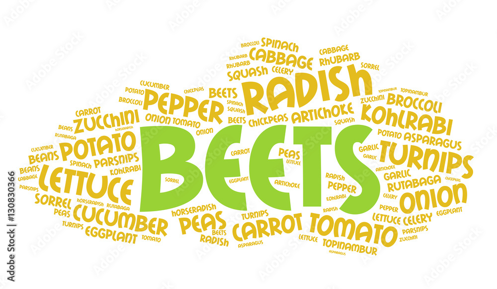 Fototapeta premium Beets. Word cloud, healthy eating, italic font, white background. Food concept.