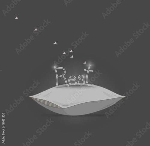 Rest. White pillow on grey background with text. Vector card illustration.