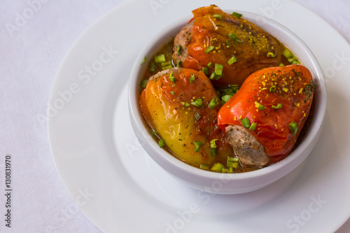 Stuffed pepper. White background. Top view