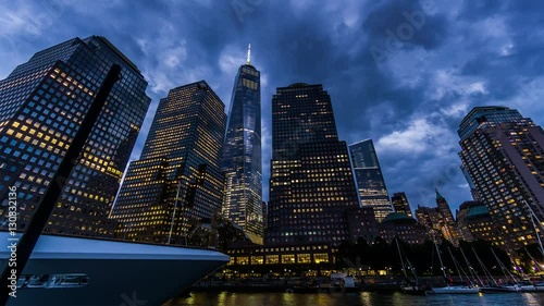  Low angle of the World Trade Center and modern buildings, New York, USA
