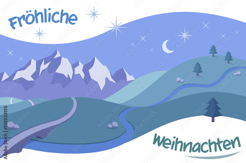 Naklejka premium Fröhliche Weihnachten! Retro Landschaft mit Weihnachtsgruß. Wunderschöne Berglandschaft mit Sternenhimmel und Mondschein.