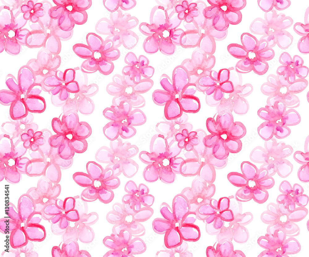 Seamless pattern with simple bright pink daisies painted in watercolor on white isolated background
