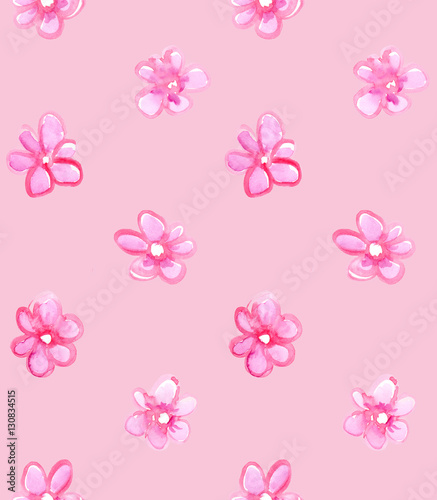 Seamless pattern with bright pink flowers painted in watercolor on pale pink isolated background