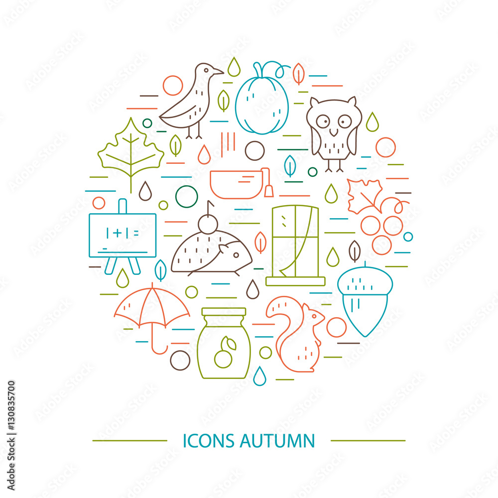 Autumn symbols in circle. Pumpkin, hedgehog, owl, jam  in a linear style. Great graphic for nnouncement, advertisement, flyer or banner.