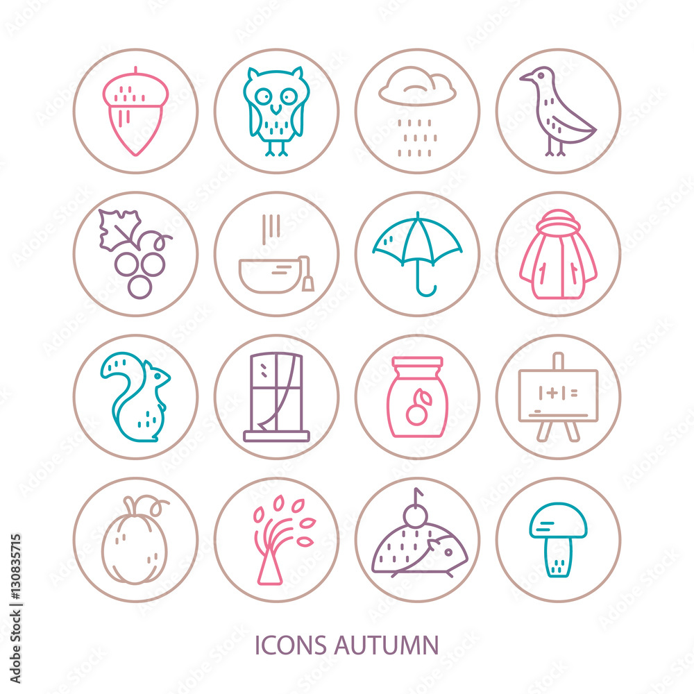 Big collection of linear icons with different autumn and fall symbols. Vector line icon series. Squirrel, umbrella, rain, mushroom, and other seasonal elements. Big collection of linear icons with different autumn and fall symbols. Vector line icon series. Squirrel, umbrella, rain, mushroom, and other seasonal elements.