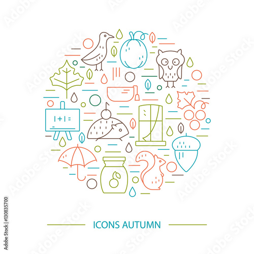 Autumn symbols in circle. Pumpkin  hedgehog  owl  jam  in a linear style. Great graphic for nnouncement  advertisement  flyer or banner.