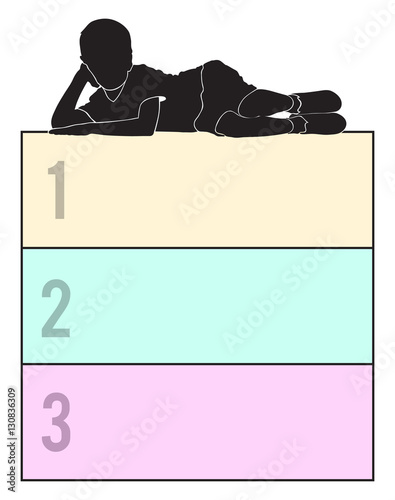 infographic concept with 3 steps, lying boy on three frames for your text, layout workflow template