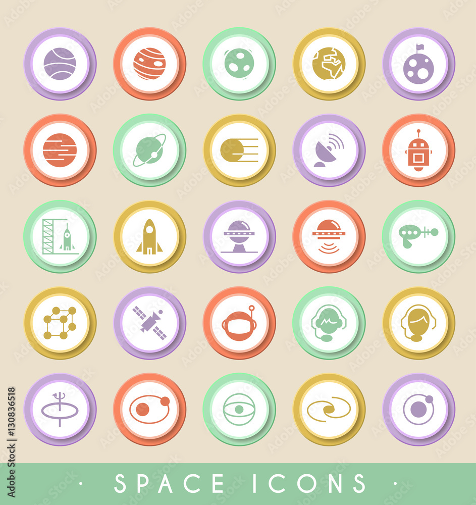 Set of Space Icons on Circular Colored Buttons. Vector Isolated Elements. Set of Space Icons on Circular Colored Buttons. Vector Isolated Elements.