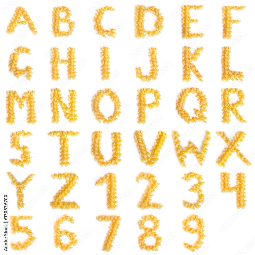 Alphabet made of macaroni letters isolated on white background Alphabet made of macaroni letters isolated on white background