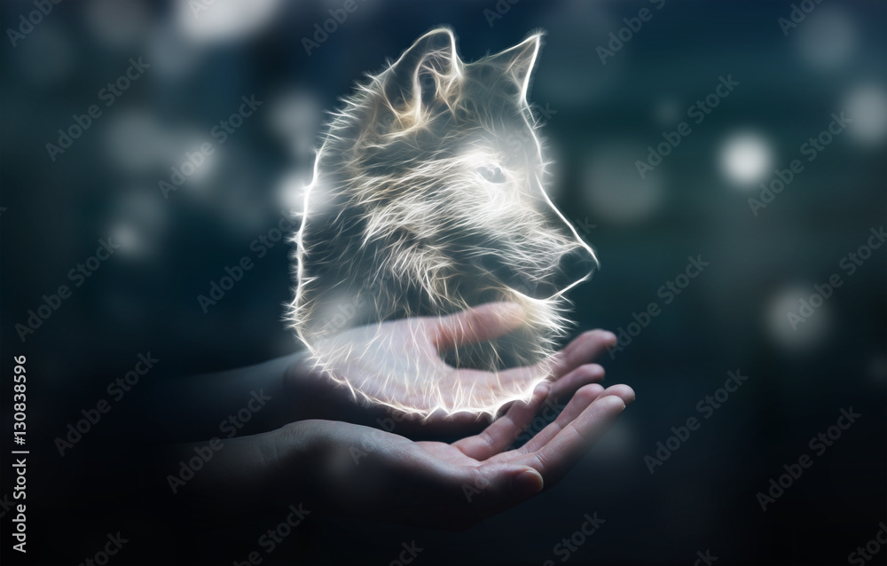 Naklejka premium Osoba posiadająca fraktal ilustracji zagrożonego wilka Renderowania 3D