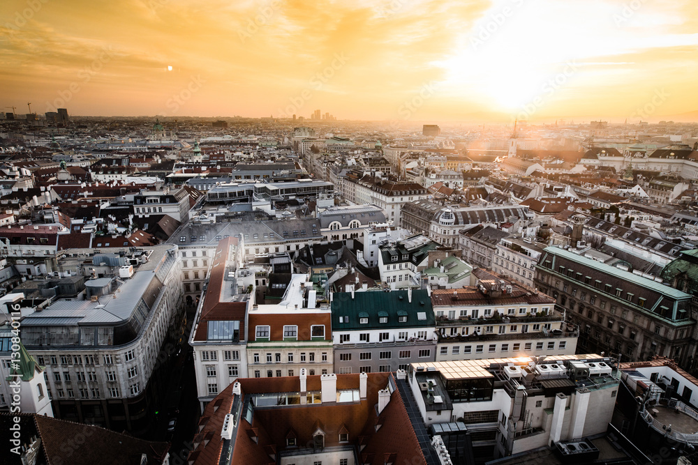 Sunset in Vienna, aerial view from above the city