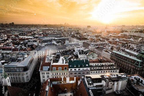 Photography Sunset in Vienna, aerial view from above the city