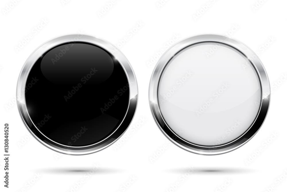 Round buttons with metal frame. Black and white shiny 3d icons - obrazy, fototapety, plakaty 