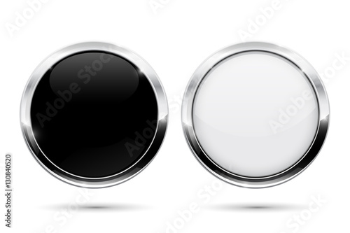 Round buttons with metal frame. Black and white shiny 3d icons