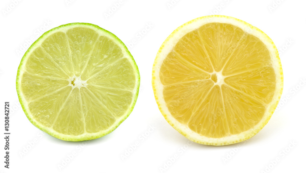 Lime and lemon cut in half, isolated on white background
