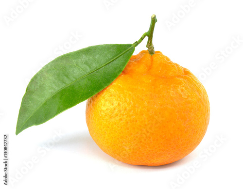 Mandarine orange with leaf, isolated on white background