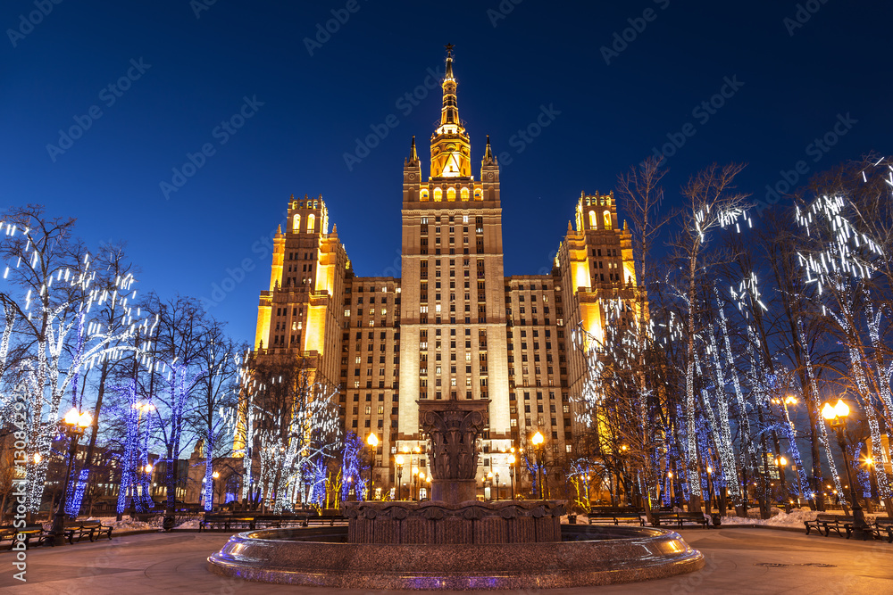 High-rise building on Uprising square in christmas decoration at night, Moscow, Russia High-rise building on Uprising square in christmas decoration at night, Moscow, Russia