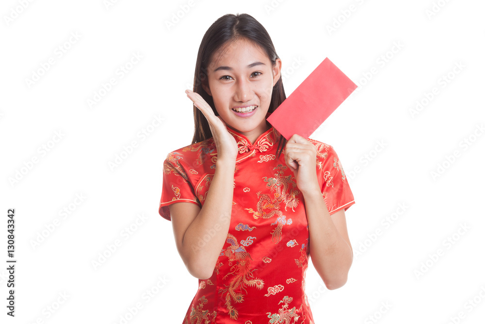 Asian girl in chinese cheongsam dress with red envelope. Asian girl in chinese cheongsam dress with red envelope.