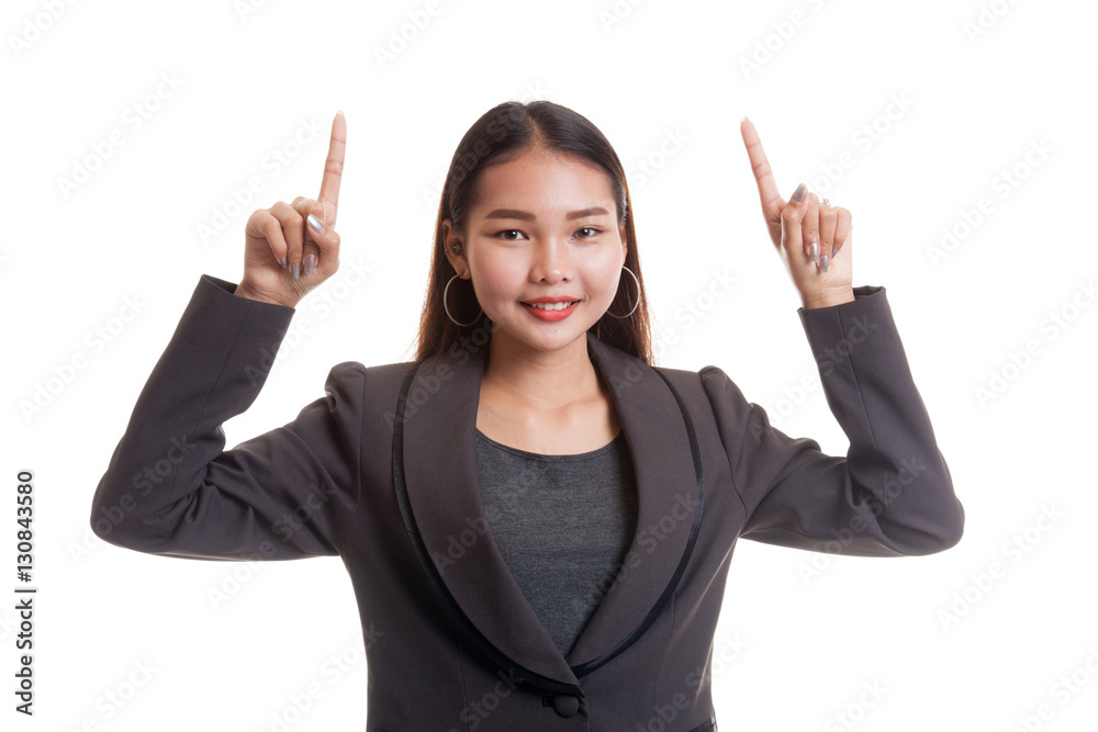 Young Asian business woman point to blank space. Young Asian business woman point to blank space.