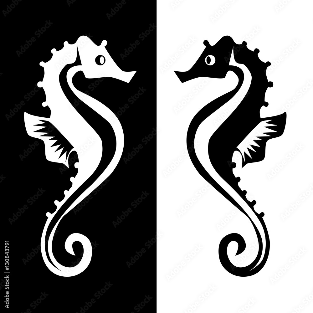 Naklejka premium white and black seahorses reflection icon vector