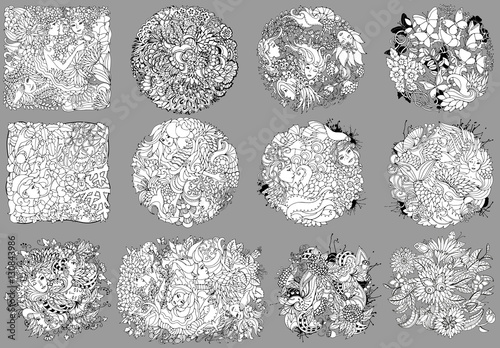 Set of floral decorative element with surreal female faces, leaves, waves, branches and flowers. Black and white vector illustration for coloring pages or other.