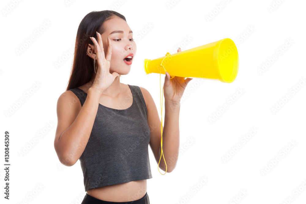 Beautiful young Asian woman announce with megaphone Beautiful young Asian woman announce with megaphone