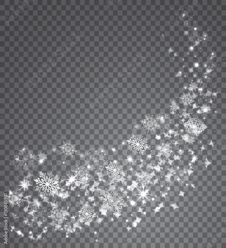 Christmas Magic Glitter Sparkles and snowflakes on transparent background. Shining Swirl Light. Vector Illustration.