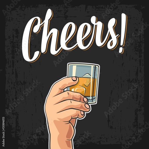 Male hand holding a glass with whiskey and ice cubes. Vintage vector engraving illustration for label, poster, invitation to a party