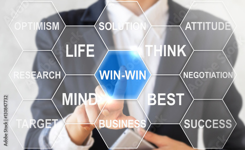 Businessman presses win-win collocation in cloud of hexagon. Woman touched win icon. Win win sign business concept, life, think, strategy, success, web, internet technology. Cloud tag win in honeycomb