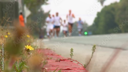 Marathon Runners from the Curb. Low angle shot, from the curb, of runners approaching the camera.