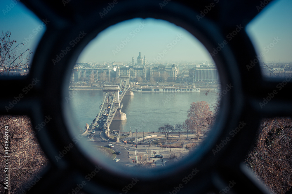Budapest Chain Bridge as seen from Gellert hill. Artistic interpretation of one of the most well known symbols of Budapest, Hungary Budapest Chain Bridge as seen from Gellert hill. Artistic interpretation of one of the most well known symbols of Budapest, Hungary
