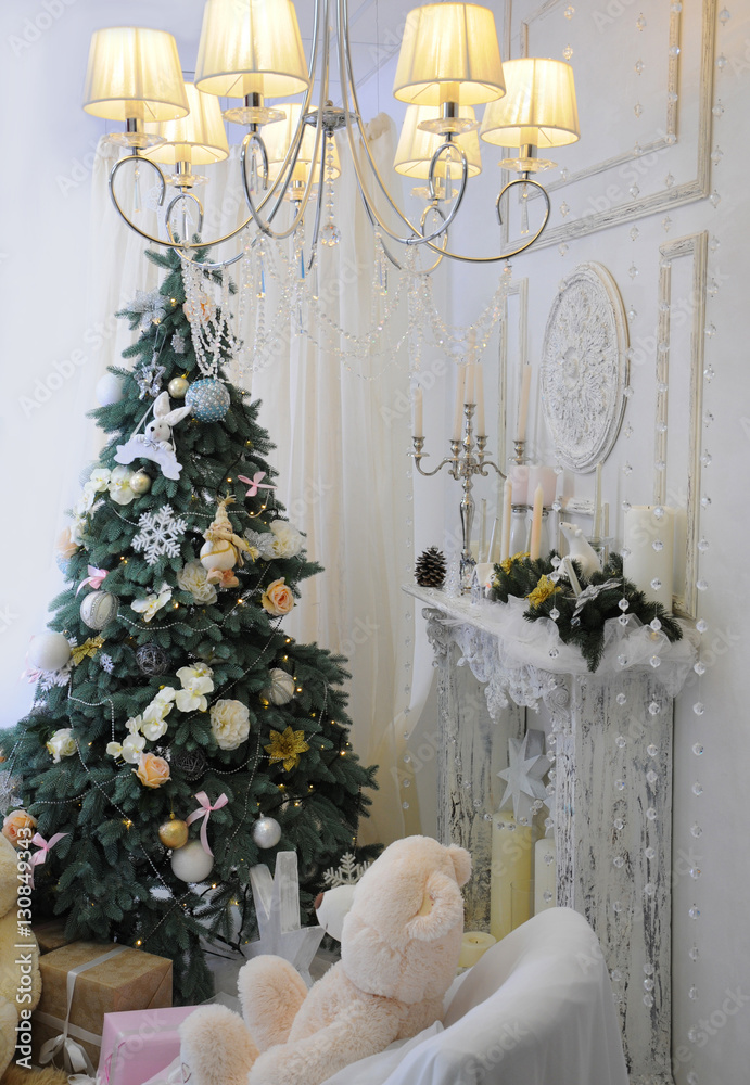 Christmas decor, Christmas Background, fireplace, Christmas tree. Christmas card.
