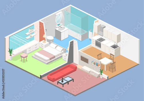 Isometric flat 3D concept vector interior of studio apartments